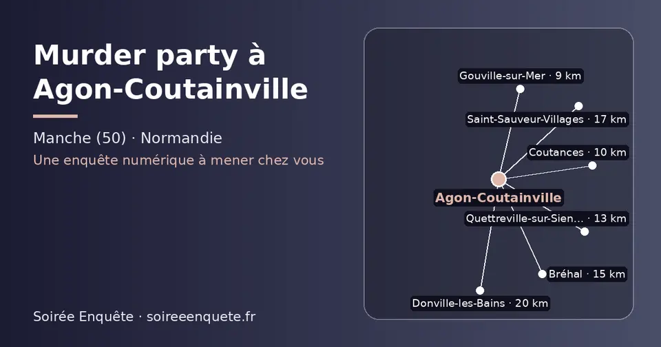 Carte schématique : Agon-Coutainville et les communes voisines présentées sur ce site (Gouville-sur-Mer, Coutances, Quettreville-sur-Sienne, Bréhal, Saint-Sauveur-Villages, Donville-les-Bains)