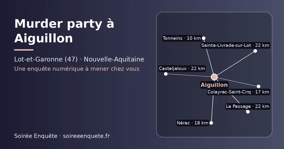 Carte schématique : Aiguillon et les communes voisines présentées sur ce site (Tonneins, Colayrac-Saint-Cirq, Nérac, Le Passage, Casteljaloux, Sainte-Livrade-sur-Lot)