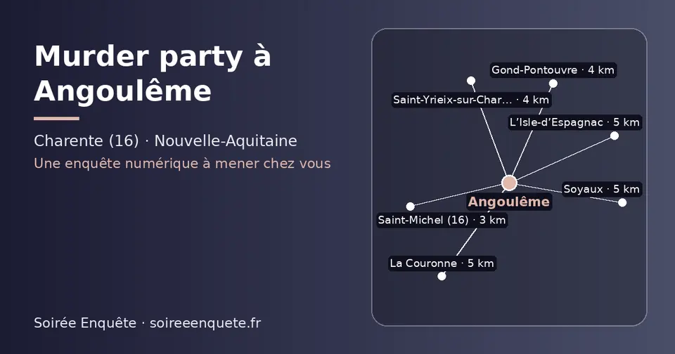 Carte schématique : Angoulême et les communes voisines présentées sur ce site (Saint-Michel (16), Gond-Pontouvre, Saint-Yrieix-sur-Charente, L’Isle-d’Espagnac, Soyaux, La Couronne)