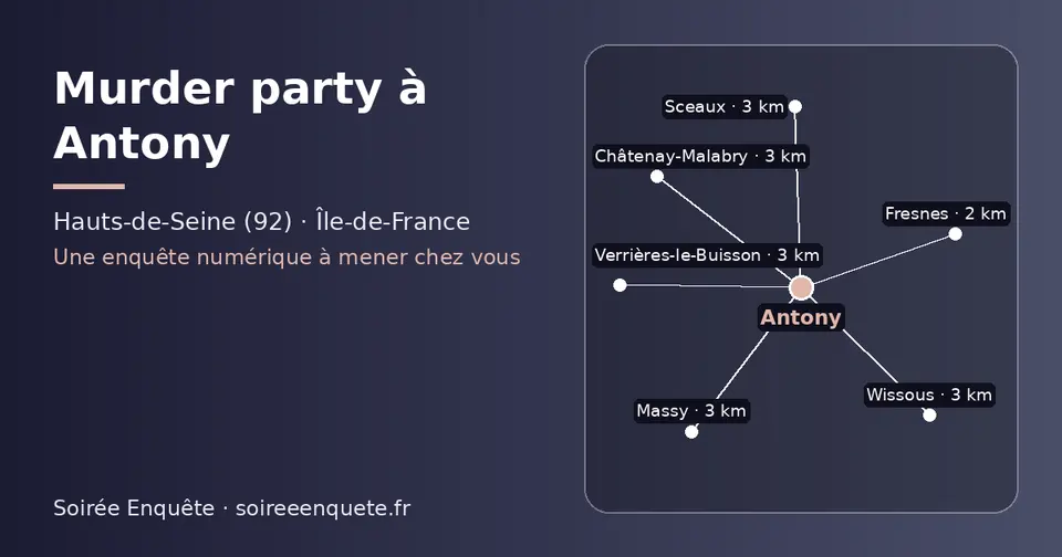 Carte schématique : Antony et les communes voisines présentées sur ce site (Fresnes, Sceaux, Wissous, Verrières-le-Buisson, Massy, Châtenay-Malabry)