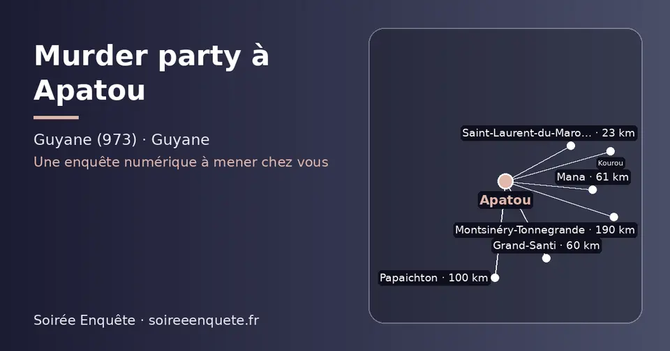 Carte schématique : Apatou et les communes voisines présentées sur ce site (Saint-Laurent-du-Maroni, Grand-Santi, Mana, Papaichton, Kourou, Montsinéry-Tonnegrande)