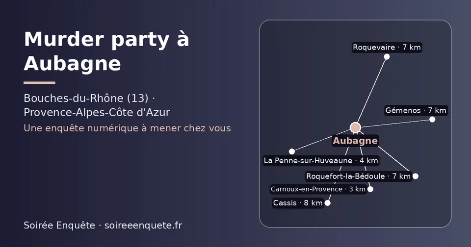 Carte schématique : Aubagne et les communes voisines présentées sur ce site (Carnoux-en-Provence, La Penne-sur-Huveaune, Roquevaire, Roquefort-la-Bédoule, Gémenos, Cassis)