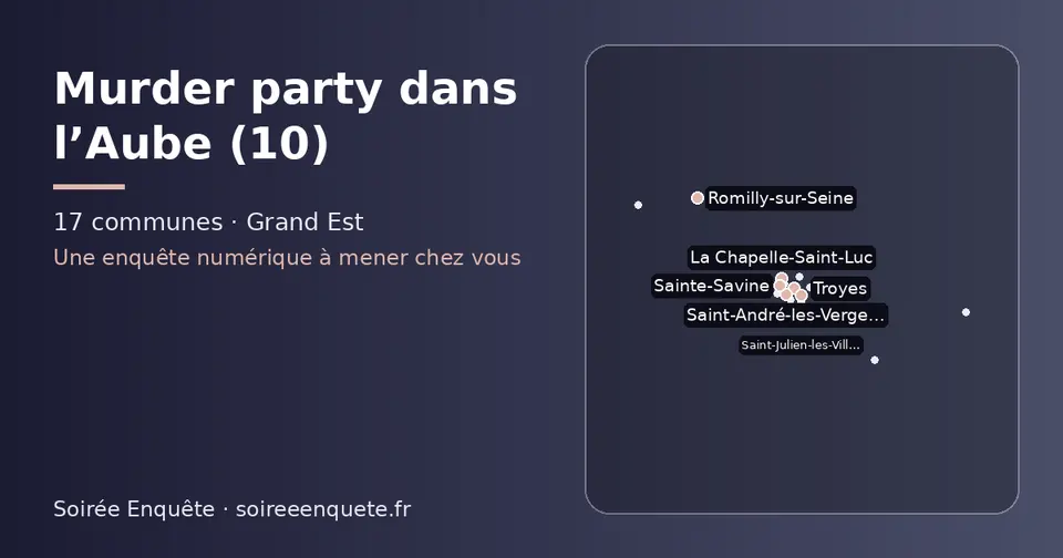 Carte schématique des 17 communes de l’Aube présentées sur ce site