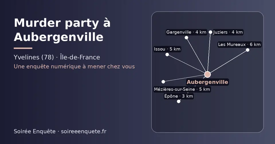 Carte schématique : Aubergenville et les communes voisines présentées sur ce site (Épône, Juziers, Gargenville, Mézières-sur-Seine, Issou, Les Mureaux)