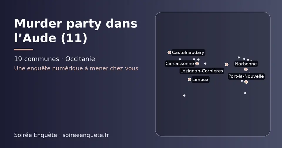 Carte schématique des 19 communes de l’Aude présentées sur ce site