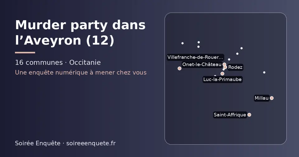 Carte schématique des 16 communes de l’Aveyron présentées sur ce site