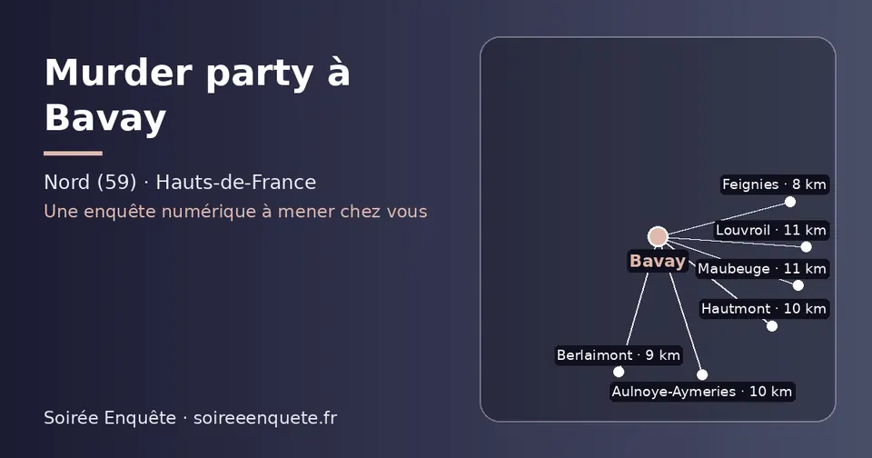 Carte schématique : Bavay et les communes voisines présentées sur ce site (Feignies, Berlaimont, Hautmont, Aulnoye-Aymeries, Louvroil, Maubeuge)