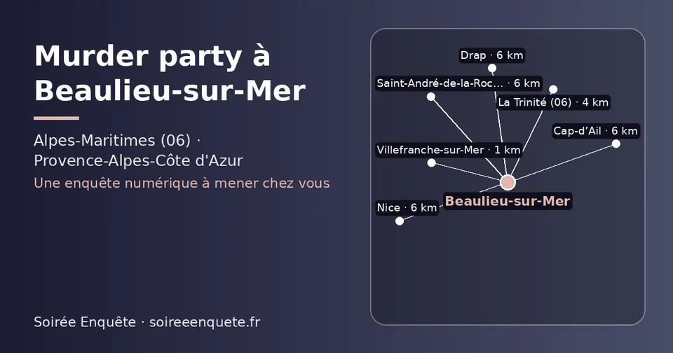 Carte schématique : Beaulieu-sur-Mer et les communes voisines présentées sur ce site (Villefranche-sur-Mer, La Trinité (06), Saint-André-de-la-Roche, Drap, Cap-d’Ail, Nice)