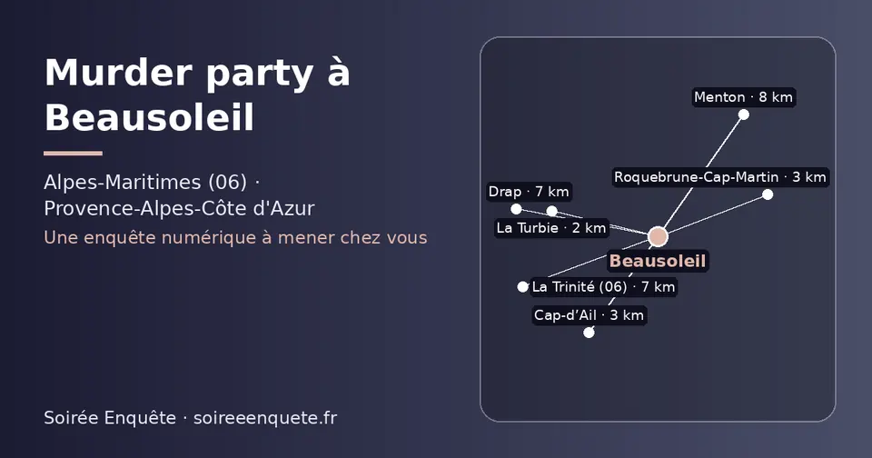 Carte schématique : Beausoleil et les communes voisines présentées sur ce site (La Turbie, Cap-d’Ail, Roquebrune-Cap-Martin, La Trinité (06), Drap, Menton)