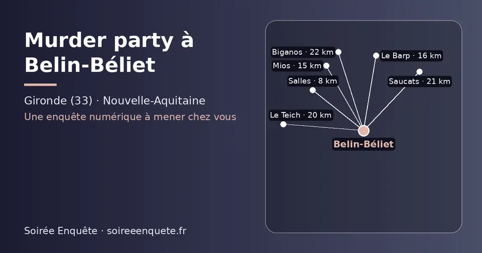 Carte schématique : Belin-Béliet et les communes voisines présentées sur ce site (Salles, Mios, Le Barp, Le Teich, Saucats, Biganos)