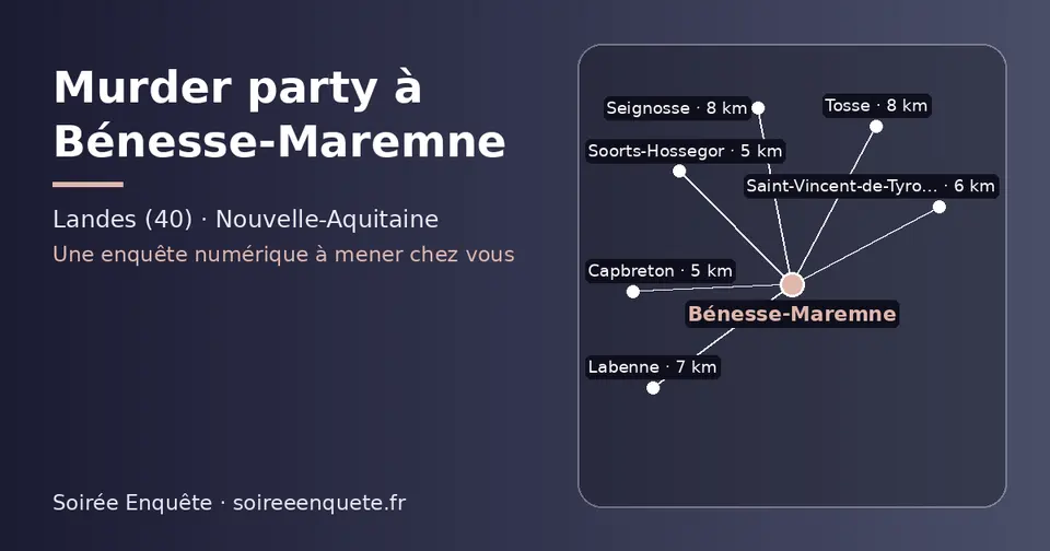 Carte schématique : Bénesse-Maremne et les communes voisines présentées sur ce site (Capbreton, Soorts-Hossegor, Saint-Vincent-de-Tyrosse, Labenne, Tosse, Seignosse)