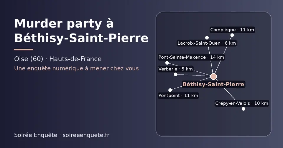 Carte schématique : Béthisy-Saint-Pierre et les communes voisines présentées sur ce site (Verberie, Lacroix-Saint-Ouen, Crépy-en-Valois, Pontpoint, Compiègne, Pont-Sainte-Maxence)