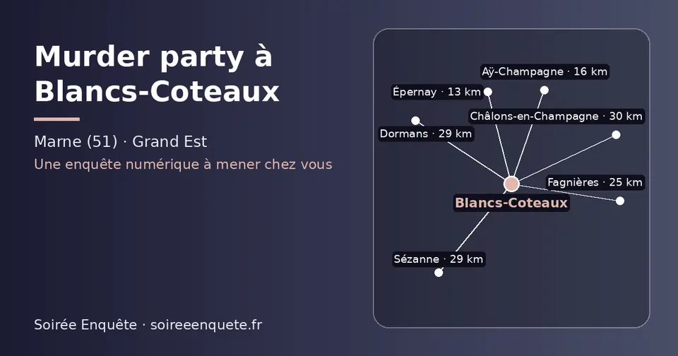 Carte schématique : Blancs-Coteaux et les communes voisines présentées sur ce site (Épernay, Aÿ-Champagne, Fagnières, Dormans, Sézanne, Châlons-en-Champagne)