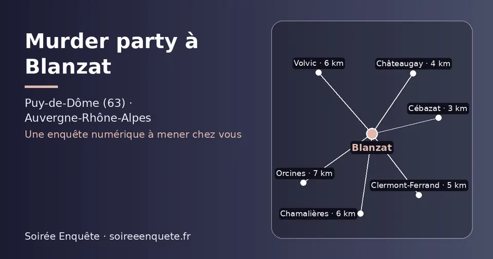 Carte schématique : Blanzat et les communes voisines présentées sur ce site (Cébazat, Châteaugay, Clermont-Ferrand, Chamalières, Volvic, Orcines)