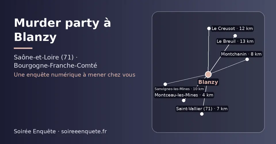 Carte schématique : Blanzy et les communes voisines présentées sur ce site (Montceau-les-Mines, Saint-Vallier (71), Montchanin, Sanvignes-les-Mines, Le Creusot, Le Breuil)