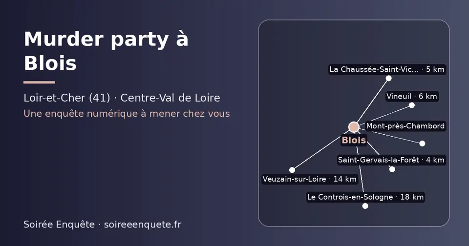 Carte schématique : Blois et les communes voisines présentées sur ce site (Saint-Gervais-la-Forêt, La Chaussée-Saint-Victor, Vineuil, Mont-près-Chambord, Veuzain-sur-Loire, Le Controis-en-Sologne)