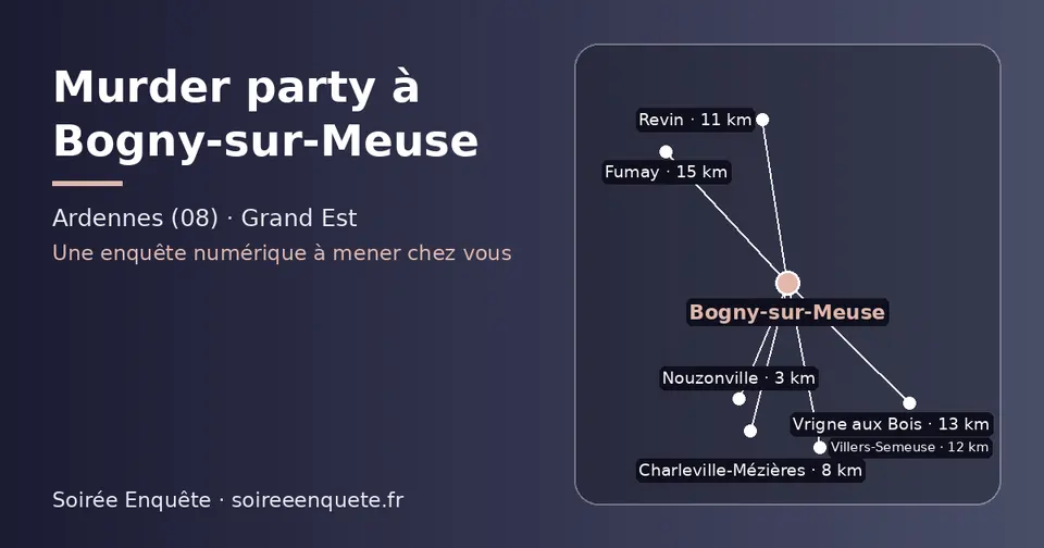 Carte schématique : Bogny-sur-Meuse et les communes voisines présentées sur ce site (Nouzonville, Charleville-Mézières, Revin, Villers-Semeuse, Vrigne aux Bois, Fumay)