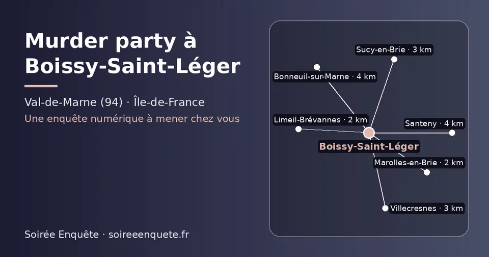 Carte schématique : Boissy-Saint-Léger et les communes voisines présentées sur ce site (Marolles-en-Brie, Limeil-Brévannes, Villecresnes, Sucy-en-Brie, Bonneuil-sur-Marne, Santeny)