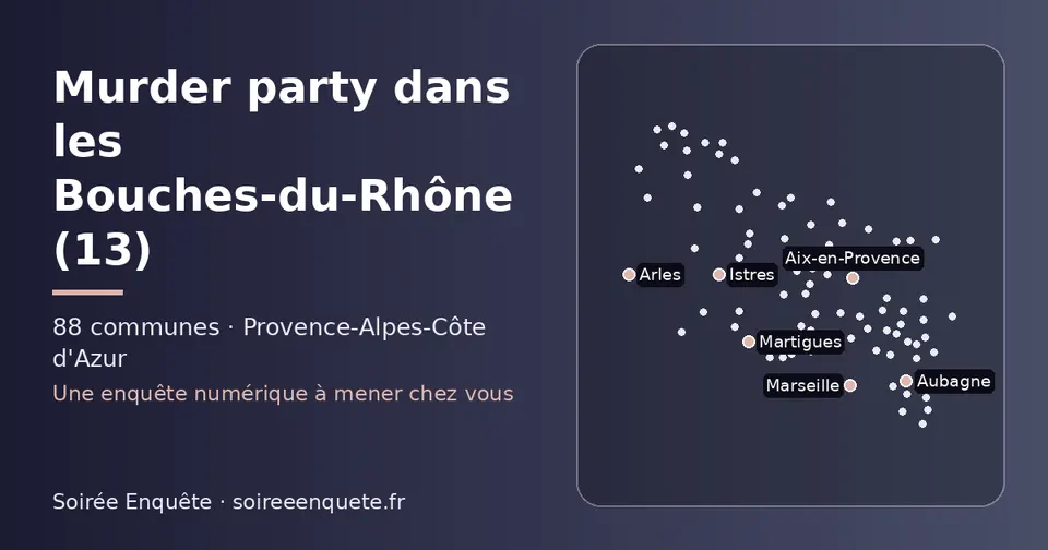 Carte schématique des 88 communes des Bouches-du-Rhône présentées sur ce site