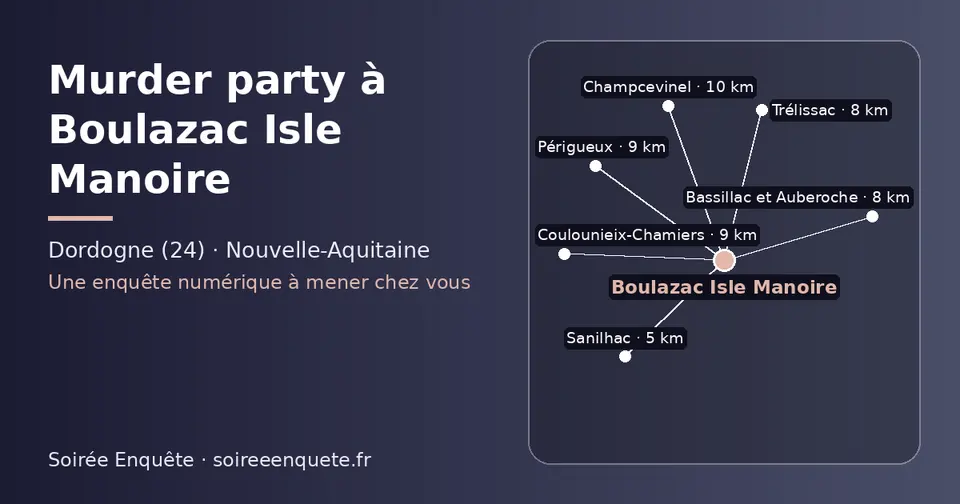Carte schématique : Boulazac Isle Manoire et les communes voisines présentées sur ce site (Sanilhac, Bassillac et Auberoche, Trélissac, Périgueux, Coulounieix-Chamiers, Champcevinel)