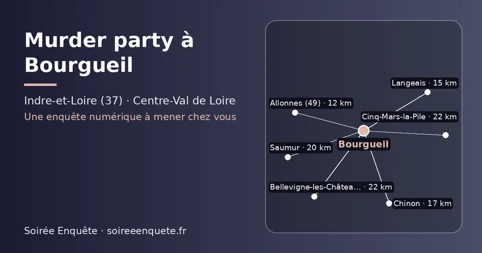 Carte schématique : Bourgueil et les communes voisines présentées sur ce site (Allonnes (49), Langeais, Chinon, Saumur, Cinq-Mars-la-Pile, Bellevigne-les-Châteaux)