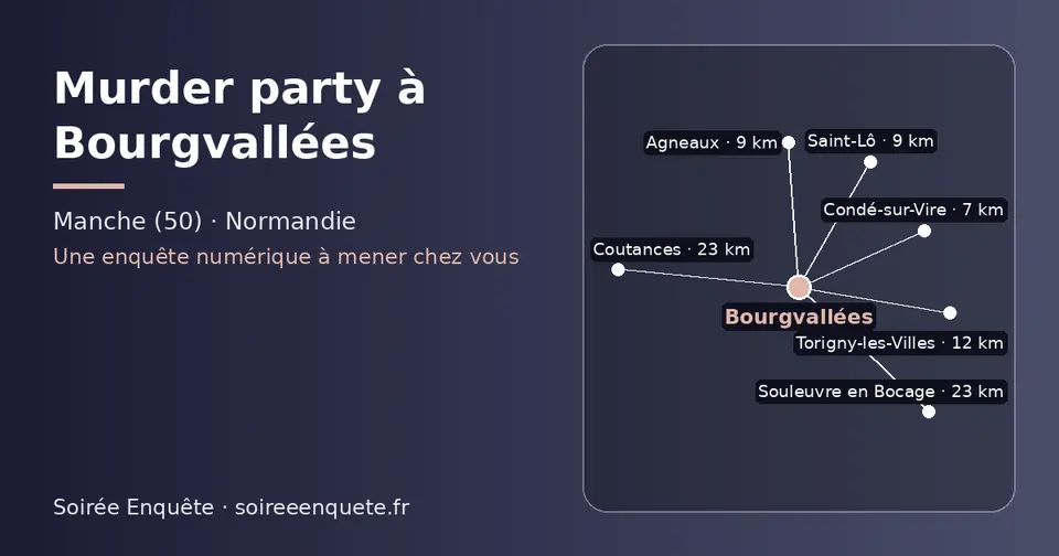 Carte schématique : Bourgvallées et les communes voisines présentées sur ce site (Condé-sur-Vire, Agneaux, Saint-Lô, Torigny-les-Villes, Souleuvre en Bocage, Coutances)