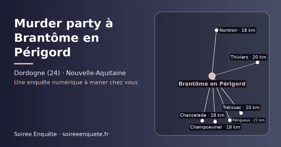 Carte schématique : Brantôme en Périgord et les communes voisines présentées sur ce site (Nontron, Champcevinel, Chancelade, Thiviers, Trélissac, Périgueux)