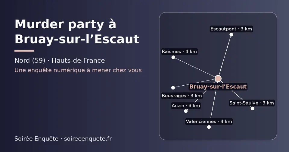 Carte schématique : Bruay-sur-l’Escaut et les communes voisines présentées sur ce site (Beuvrages, Saint-Saulve, Anzin, Escautpont, Raismes, Valenciennes)