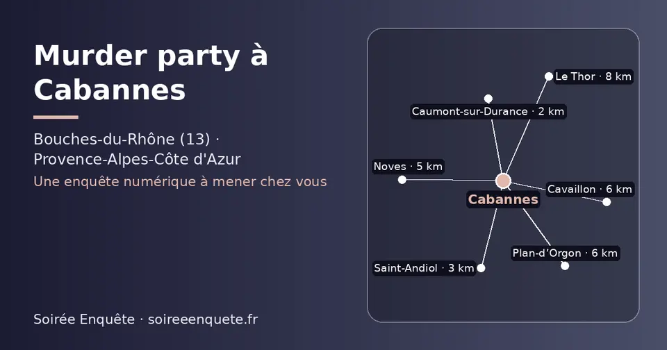 Carte schématique : Cabannes et les communes voisines présentées sur ce site (Caumont-sur-Durance, Saint-Andiol, Noves, Plan-d’Orgon, Cavaillon, Le Thor)