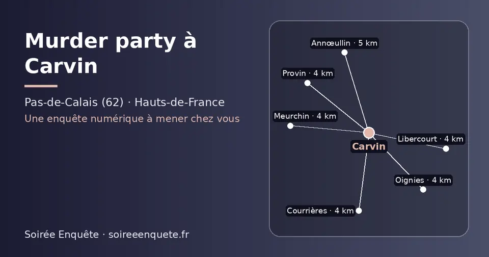 Carte schématique : Carvin et les communes voisines présentées sur ce site (Libercourt, Meurchin, Provin, Courrières, Oignies, Annœullin)
