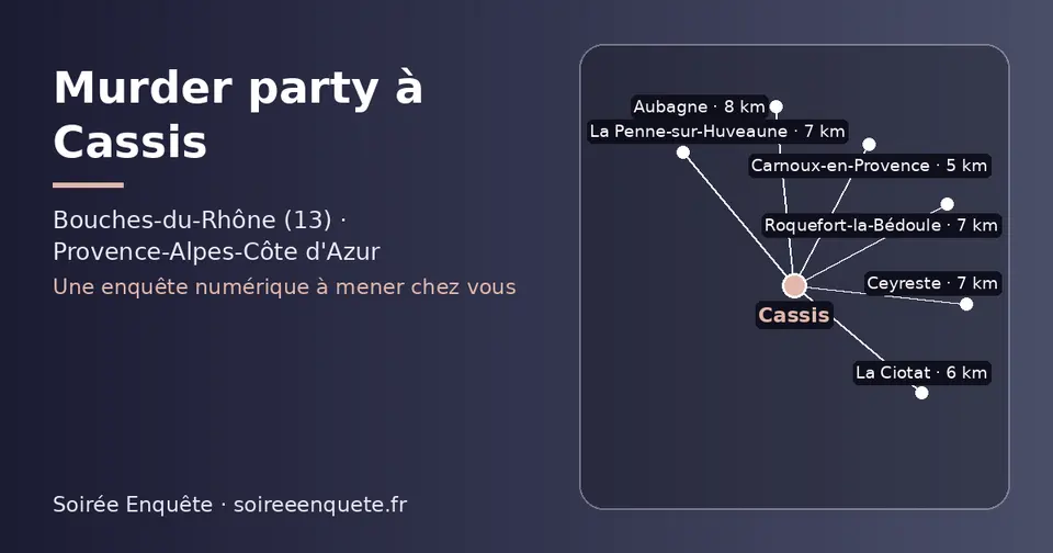 Carte schématique : Cassis et les communes voisines présentées sur ce site (Carnoux-en-Provence, La Ciotat, Ceyreste, La Penne-sur-Huveaune, Roquefort-la-Bédoule, Aubagne)