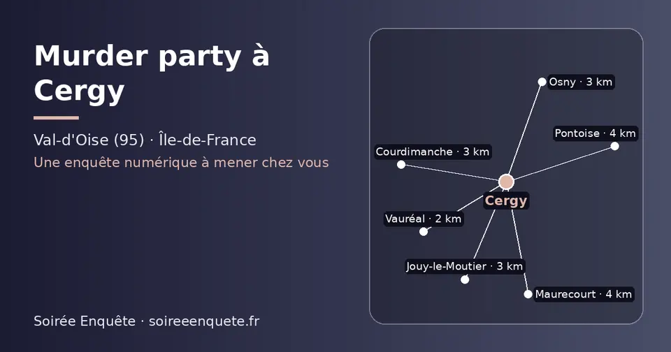 Carte schématique : Cergy et les communes voisines présentées sur ce site (Vauréal, Jouy-le-Moutier, Courdimanche, Osny, Pontoise, Maurecourt)
