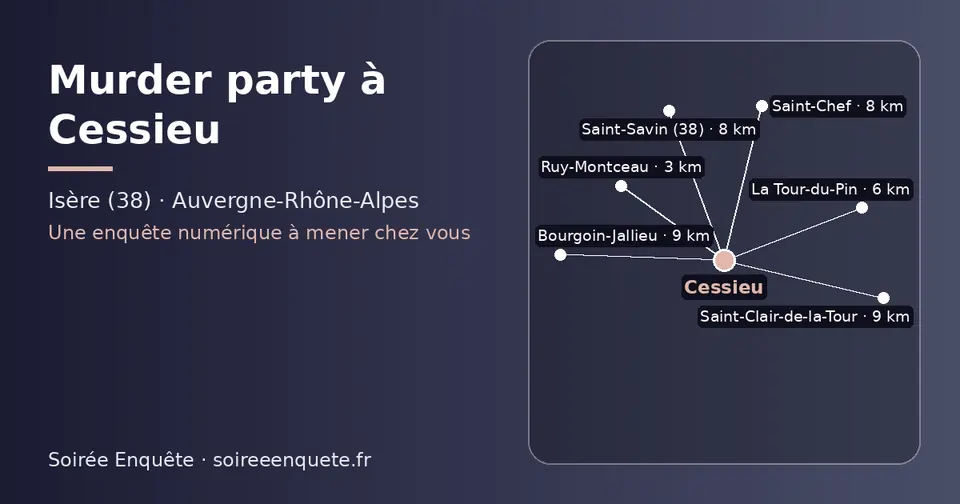 Carte schématique : Cessieu et les communes voisines présentées sur ce site (Ruy-Montceau, La Tour-du-Pin, Saint-Savin (38), Saint-Chef, Bourgoin-Jallieu, Saint-Clair-de-la-Tour)