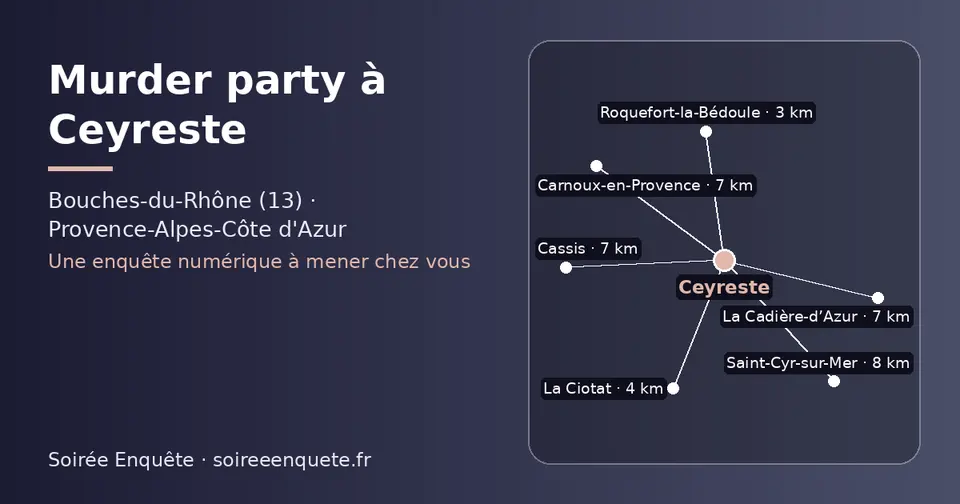 Carte schématique : Ceyreste et les communes voisines présentées sur ce site (Roquefort-la-Bédoule, La Ciotat, Cassis, Carnoux-en-Provence, La Cadière-d’Azur, Saint-Cyr-sur-Mer)