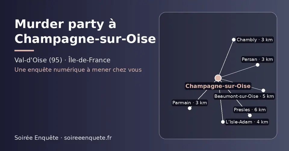 Carte schématique : Champagne-sur-Oise et les communes voisines présentées sur ce site (Persan, Parmain, Chambly, L’Isle-Adam, Beaumont-sur-Oise, Presles)