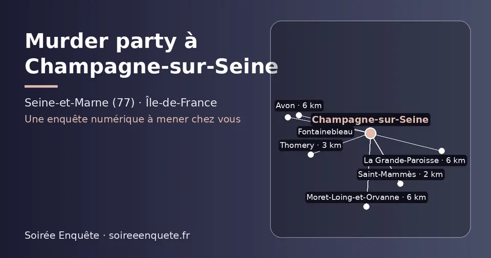 Carte schématique : Champagne-sur-Seine et les communes voisines présentées sur ce site (Saint-Mammès, Thomery, Avon, Moret-Loing-et-Orvanne, La Grande-Paroisse, Fontainebleau)