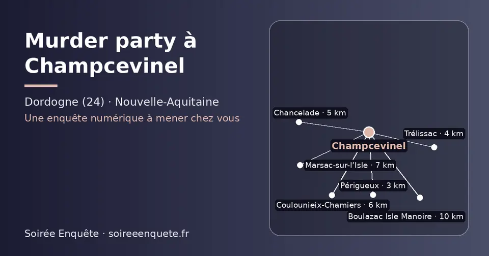 Carte schématique : Champcevinel et les communes voisines présentées sur ce site (Périgueux, Trélissac, Chancelade, Coulounieix-Chamiers, Marsac-sur-l’Isle, Boulazac Isle Manoire)