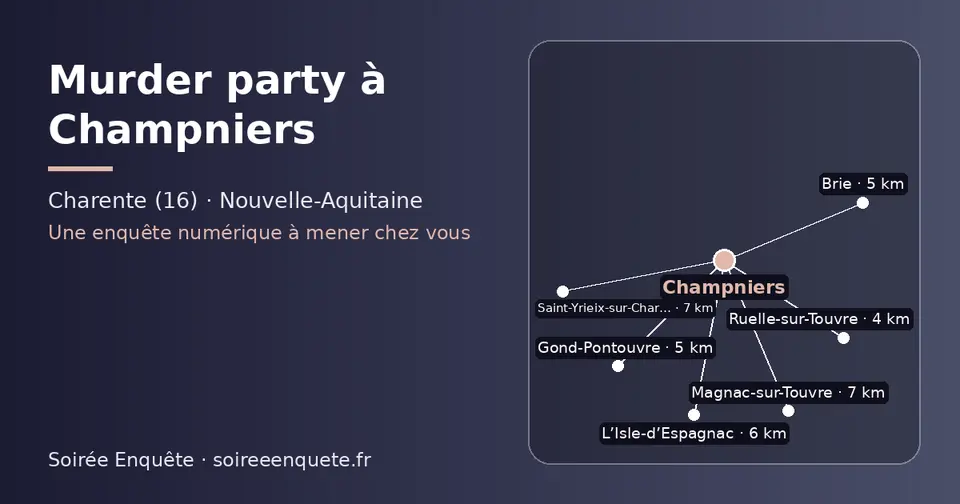 Carte schématique : Champniers et les communes voisines présentées sur ce site (Ruelle-sur-Touvre, Brie, Gond-Pontouvre, L’Isle-d’Espagnac, Magnac-sur-Touvre, Saint-Yrieix-sur-Charente)