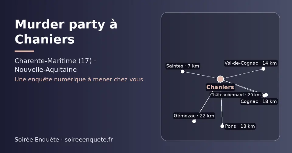Carte schématique : Chaniers et les communes voisines présentées sur ce site (Saintes, Val-de-Cognac, Cognac, Pons, Châteaubernard, Gémozac)