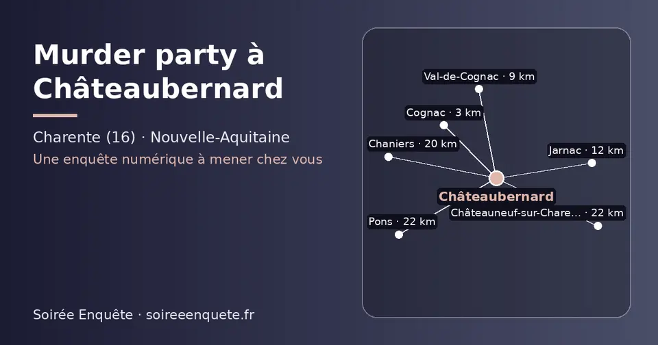 Carte schématique : Châteaubernard et les communes voisines présentées sur ce site (Cognac, Val-de-Cognac, Jarnac, Chaniers, Pons, Châteauneuf-sur-Charente)