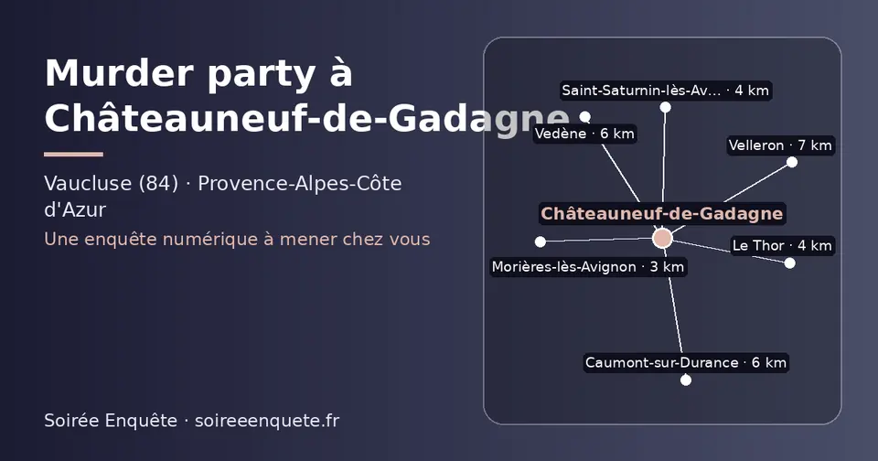 Carte schématique : Châteauneuf-de-Gadagne et les communes voisines présentées sur ce site (Morières-lès-Avignon, Saint-Saturnin-lès-Avignon, Le Thor, Caumont-sur-Durance, Vedène, Velleron)