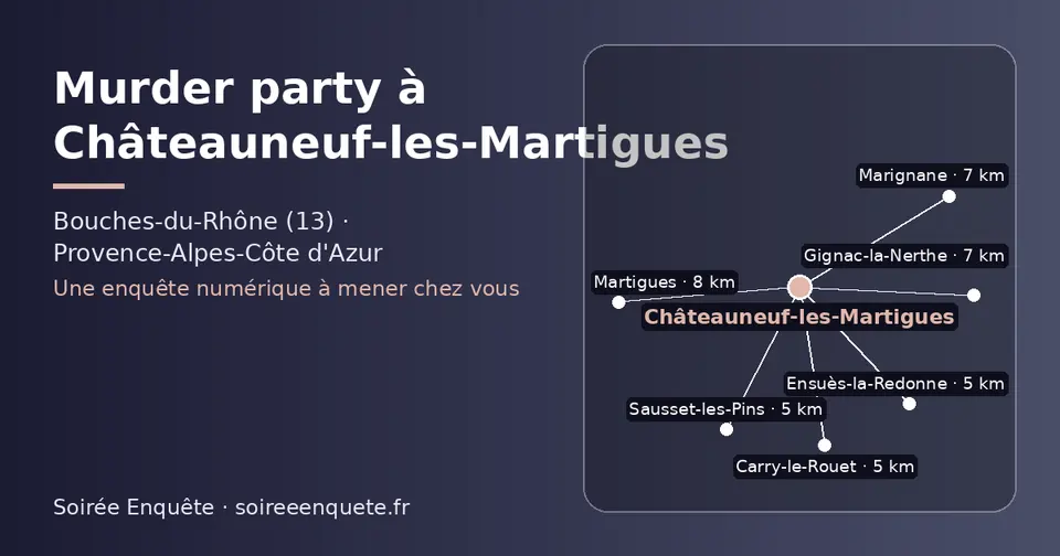 Carte schématique : Châteauneuf-les-Martigues et les communes voisines présentées sur ce site (Carry-le-Rouet, Ensuès-la-Redonne, Sausset-les-Pins, Marignane, Gignac-la-Nerthe, Martigues)