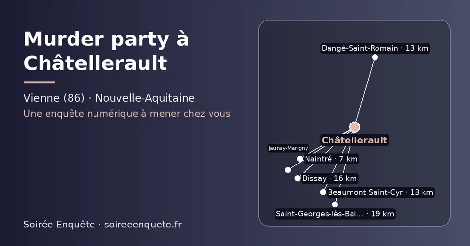 Carte schématique : Châtellerault et les communes voisines présentées sur ce site (Naintré, Beaumont Saint-Cyr, Dangé-Saint-Romain, Dissay, Jaunay-Marigny, Saint-Georges-lès-Baillargeaux)