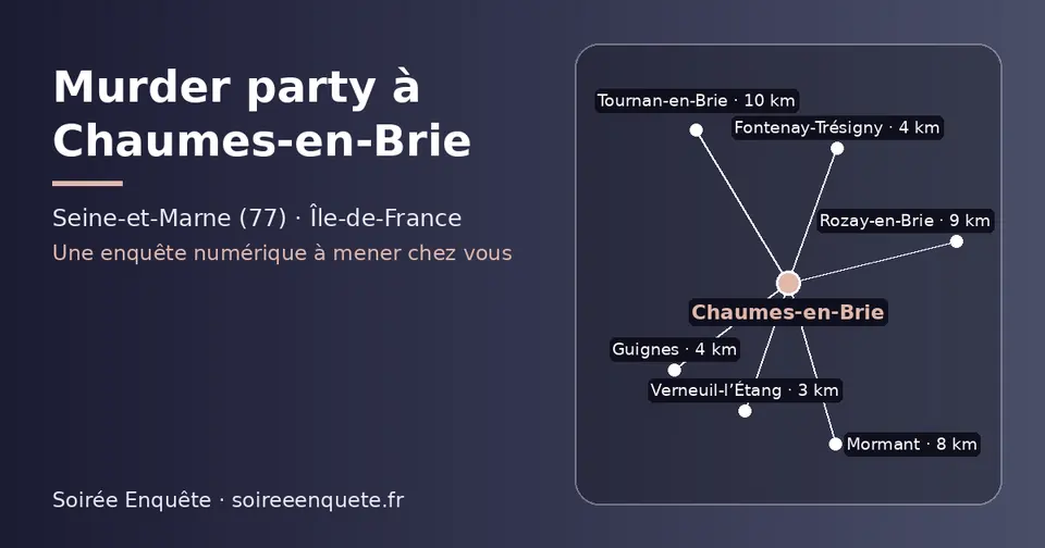 Carte schématique : Chaumes-en-Brie et les communes voisines présentées sur ce site (Verneuil-l’Étang, Fontenay-Trésigny, Guignes, Mormant, Rozay-en-Brie, Tournan-en-Brie)