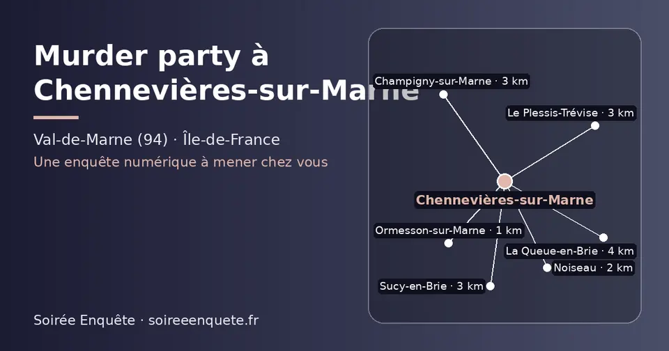 Carte schématique : Chennevières-sur-Marne et les communes voisines présentées sur ce site (Ormesson-sur-Marne, Noiseau, Le Plessis-Trévise, Sucy-en-Brie, Champigny-sur-Marne, La Queue-en-Brie)