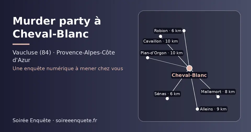 Carte schématique : Cheval-Blanc et les communes voisines présentées sur ce site (Robion, Sénas, Mallemort, Alleins, Cavaillon, Plan-d’Orgon)