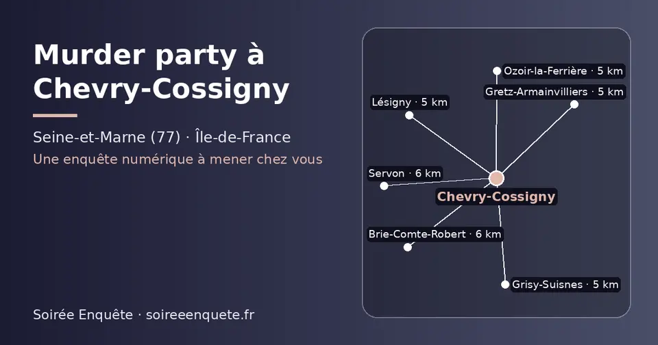 Carte schématique : Chevry-Cossigny et les communes voisines présentées sur ce site (Grisy-Suisnes, Ozoir-la-Ferrière, Lésigny, Gretz-Armainvilliers, Brie-Comte-Robert, Servon)