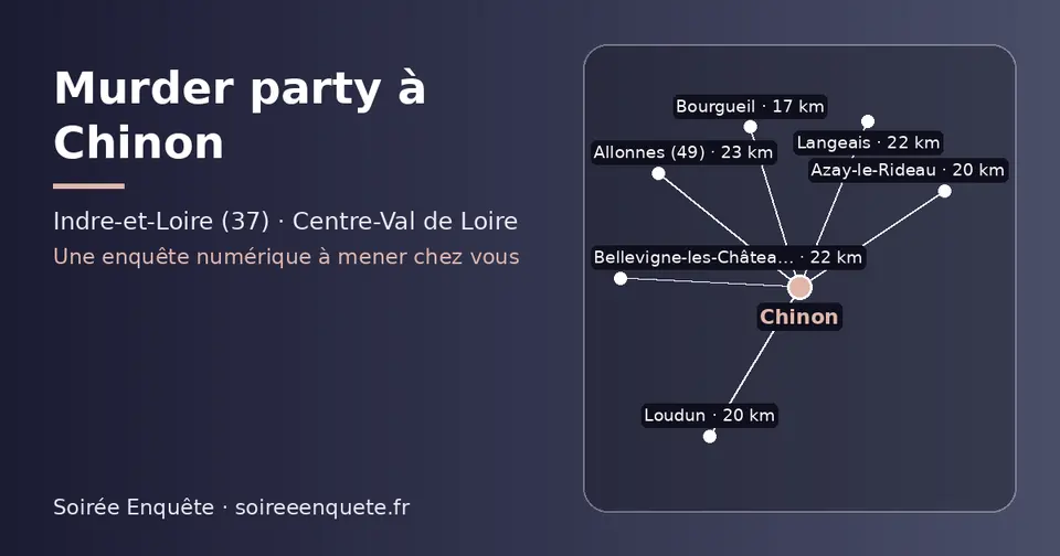 Carte schématique : Chinon et les communes voisines présentées sur ce site (Bourgueil, Azay-le-Rideau, Loudun, Bellevigne-les-Châteaux, Langeais, Allonnes (49))