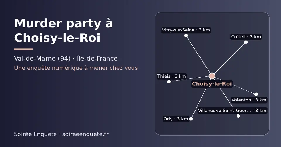 Carte schématique : Choisy-le-Roi et les communes voisines présentées sur ce site (Thiais, Orly, Valenton, Créteil, Vitry-sur-Seine, Villeneuve-Saint-Georges)