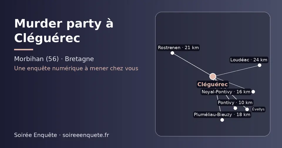 Carte schématique : Cléguérec et les communes voisines présentées sur ce site (Pontivy, Noyal-Pontivy, Pluméliau-Bieuzy, Rostrenen, Évellys, Loudéac)